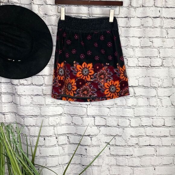 Free People Floral Boho Corduroy Shirred Elastic Waist Colourful Y2K  Mini Skirt - Picture 2 of 10
